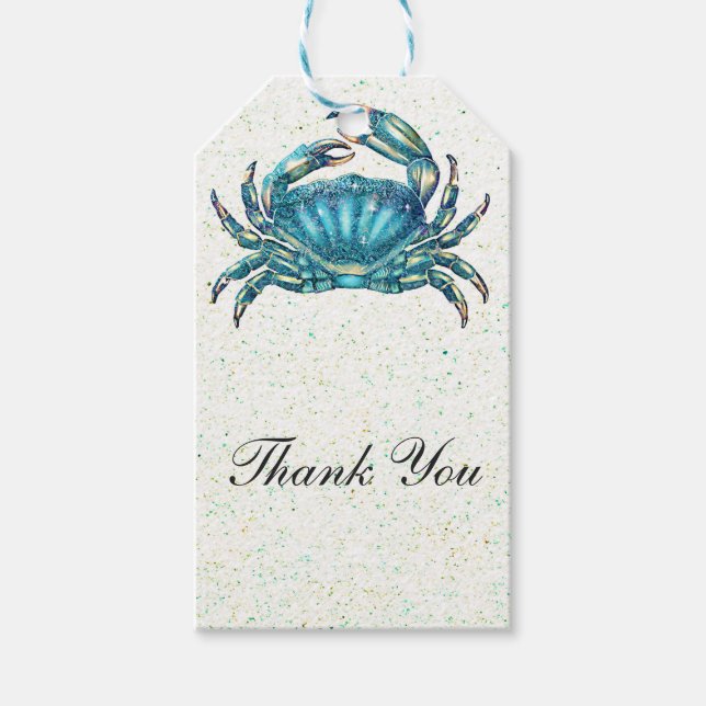 Modern Beach Blue Crab Starfish Seahorse Favor Presentetikett (Framsidan)