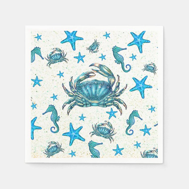 Modern Beach Blue Crab Starfish Seahorse Party Pappersservett (Framsidan)