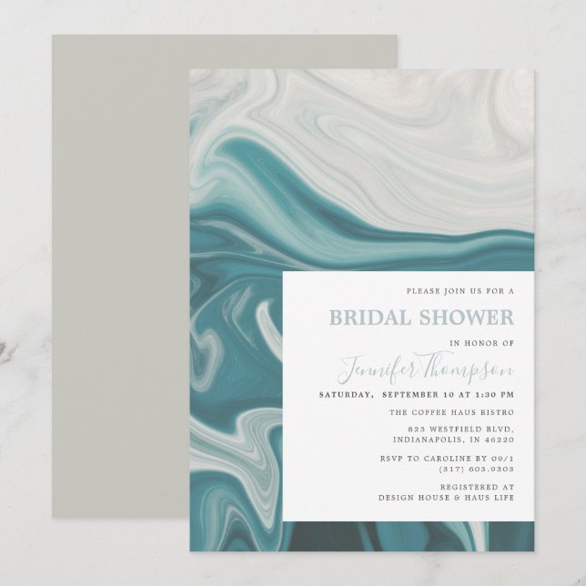 Modern Beach Blue och Grått Marble Möhippa Inbjudningar (Fram/baksida)