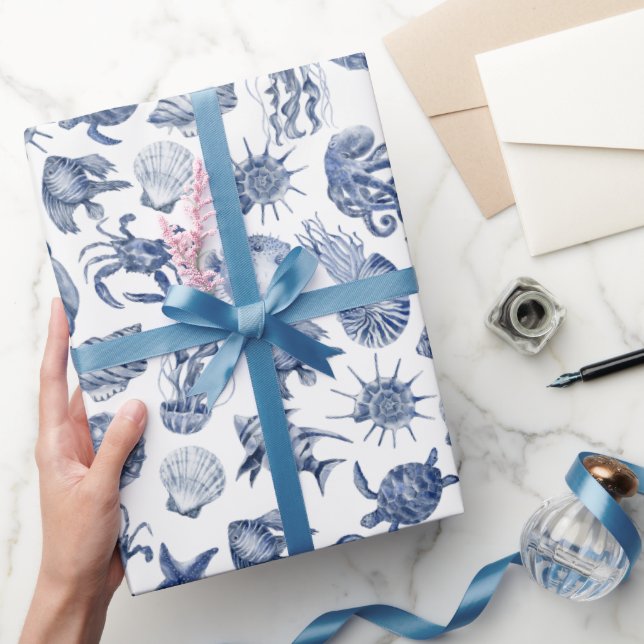 Modern Beach Coastal Watercolor Wedding Blue Presentpapper (Gifting)