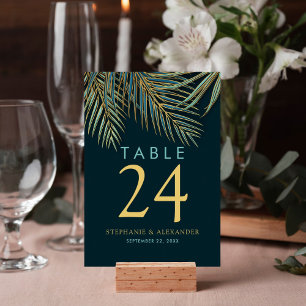 Modern Beach Handflatan Guld Teal Tropical Bröllop Bordsnummer
