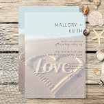 Modern Beach med Heart Vellum Stil Bröllop Inbjudningar<br><div class="desc">Denna konstruktion har ett unikt hjärta med ord kärlek,  som är etsat i stranden med mjuk tidvatten och blå himmel i bakgrunden. Framsidan har ett vellum utseende. Så unikt! Det är en del av Modern Beach med Heart Bröllop Suite skapat av Farmhouse Press.</div>