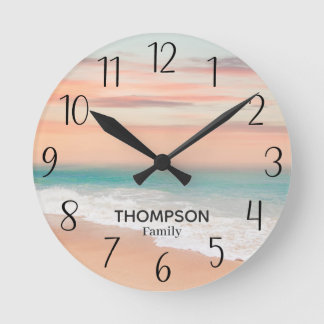 Modern Beach Ocean Blue Orange Himlar Rund Klocka