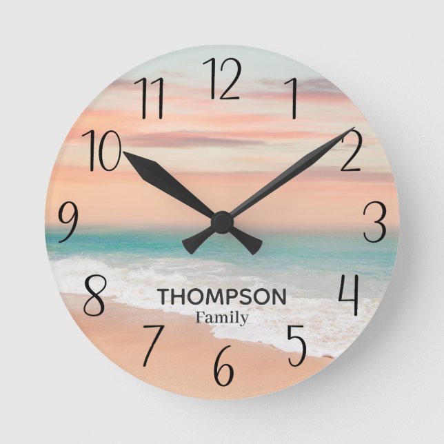 Modern Beach Ocean Blue Orange Himlar Rund Klocka (Framsida)