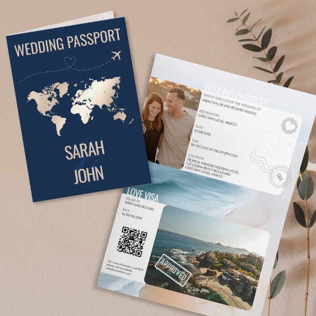Modern Beach Passport Destinationsbröllop QR-kod Inbjudan (modern passport and visa wedding invitation)
