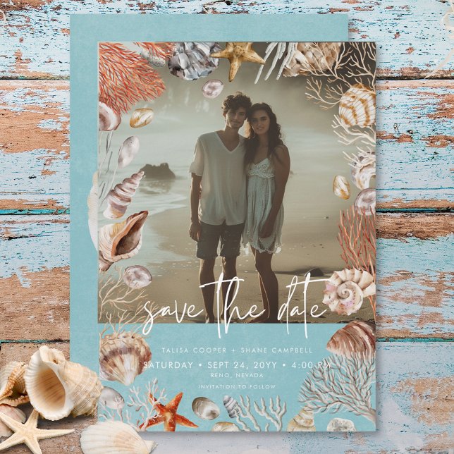 Modern Beach Seashell Ram Photo Aqua Bröllop Spara Datumet (Modern Beach Seashell Frame Photo Aqua Wedding Save The Date)