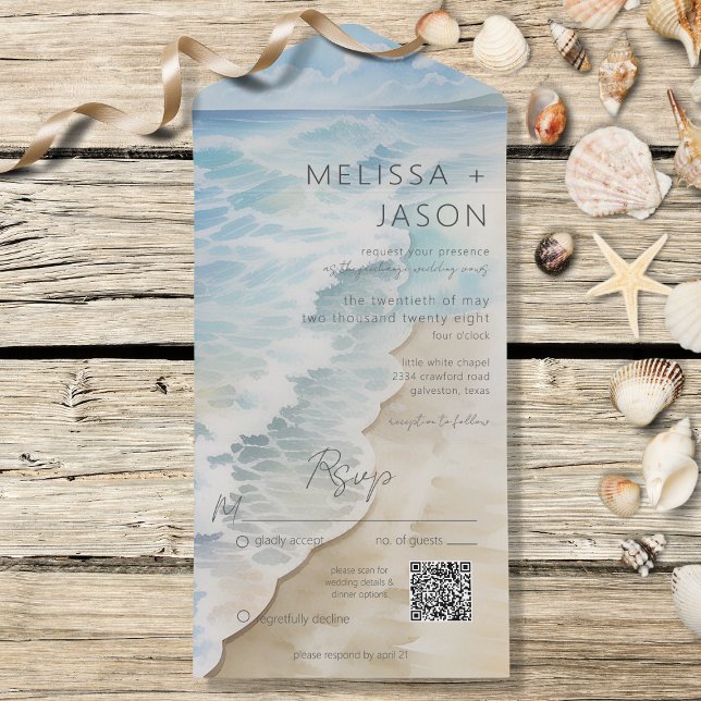 Modern Beach Shoreline Coastal QR-kod (Also available without a QR code; with or without dinner selection options.)