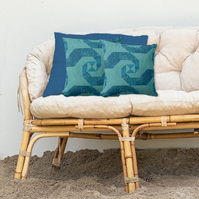 Modern Beach Teal Turcos Wave Mönster och Wood Kudde (Skapare uppladdad)