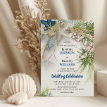 Modern Beach Theme Bröllop Inbjudningar<br><div class="desc">En underbar inbjudan till strand eller båt bröllop,  med en tropisk handflatan-löv,  en trästrandskylt,  vackra sjöbottnar och akvatisk blå och vit stjärna-fisk. Mallen bröllop är detaljerad med havets blå accenter och är enkel att anpassa.</div>