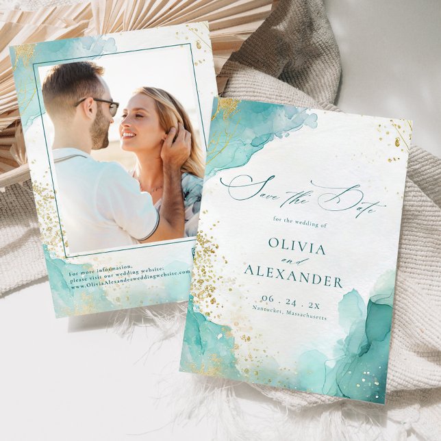 Modern Beach Wedding Teal Gold Abstract Photo Spara Datumet (Skapare uppladdad)