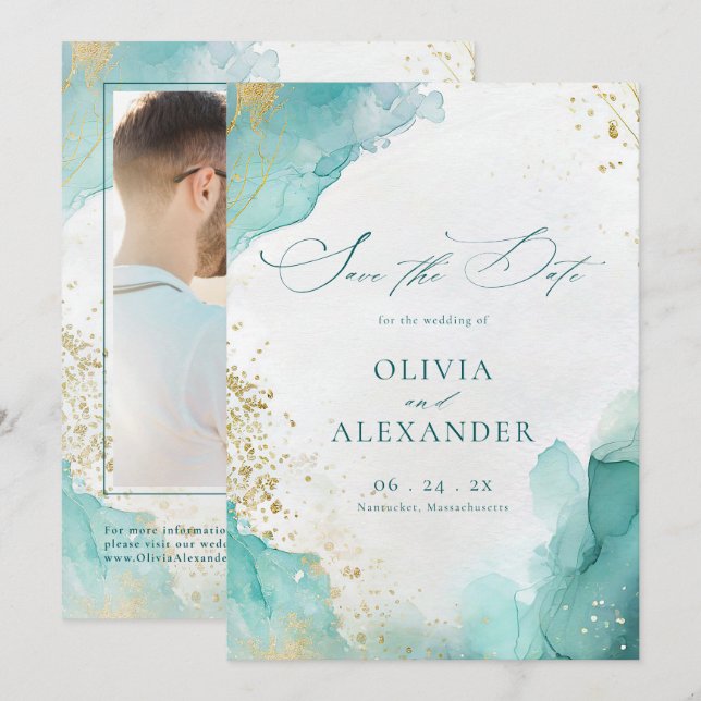 Modern Beach Wedding Teal Gold Abstract Photo Spara Datumet (Fram/baksida)