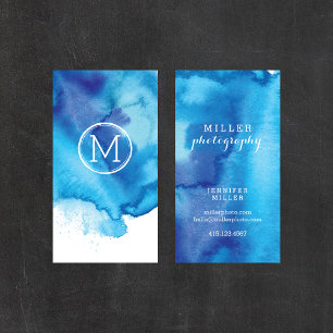Modern Beachy Blue Watercolor Monogram Visitkort