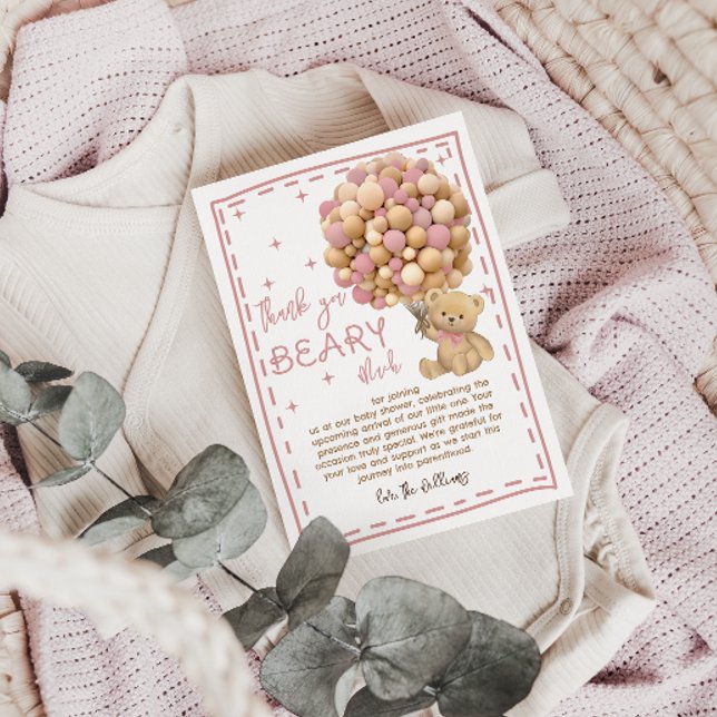 Modern Bear Ballodels Barly Wait Rosa Baby Shower Tack Kort (Skapare uppladdad)