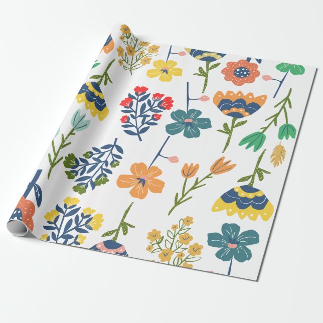 Modern beautiful flower pattern Pink yellow green Presentpapper (Utrullad)