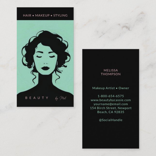 Modern Beauty Makeup Hair Nagel Mint & Rosa Black Visitkort (Fram/baksida)