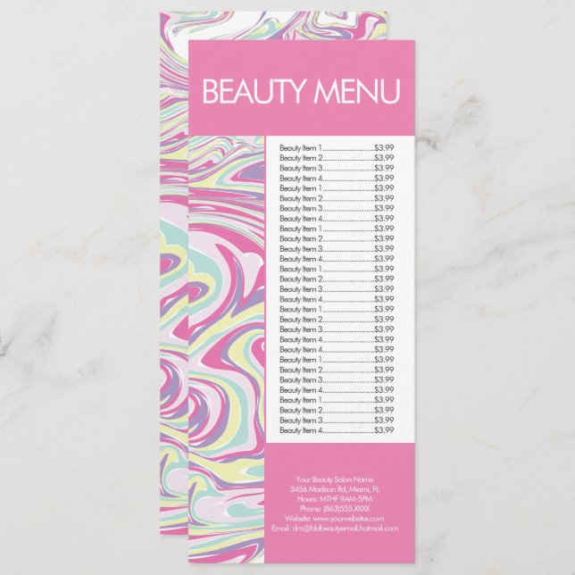 Modern Beauty Makeup Liquid Mönster Rosa Menu Meny (Fram/baksida)