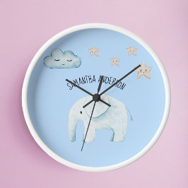 Modern Beauty Pastel Blue Elephant & Stars Kid Rund Klocka