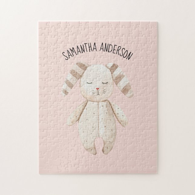 Modern Beauty Pastel Rosa Bunny med Namn Pussel (Vertikal)