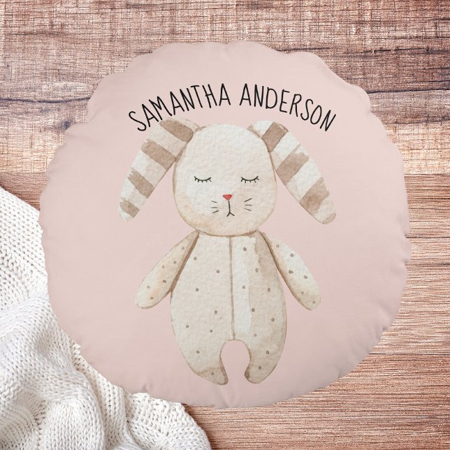 Modern Beauty Pastel Rosa Bunny med Namn Rund Kudde (Skapare uppladdad)