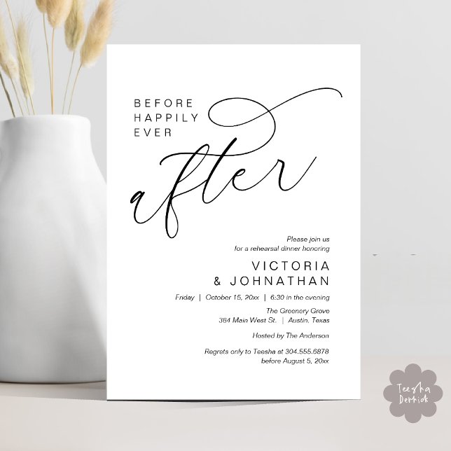 Modern Before Happily Ever After Rehearsal Dinner Inbjudningar (Modern Before Happily Ever After Romantic Rehearsal Dinner Invites Card PDF Aesthetic White Black)