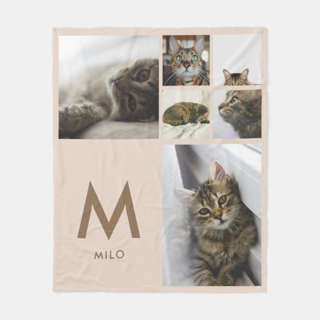 Modern Beige 6 Foto Collage Husdjur Monogram Fleecefilt (Framsidan)