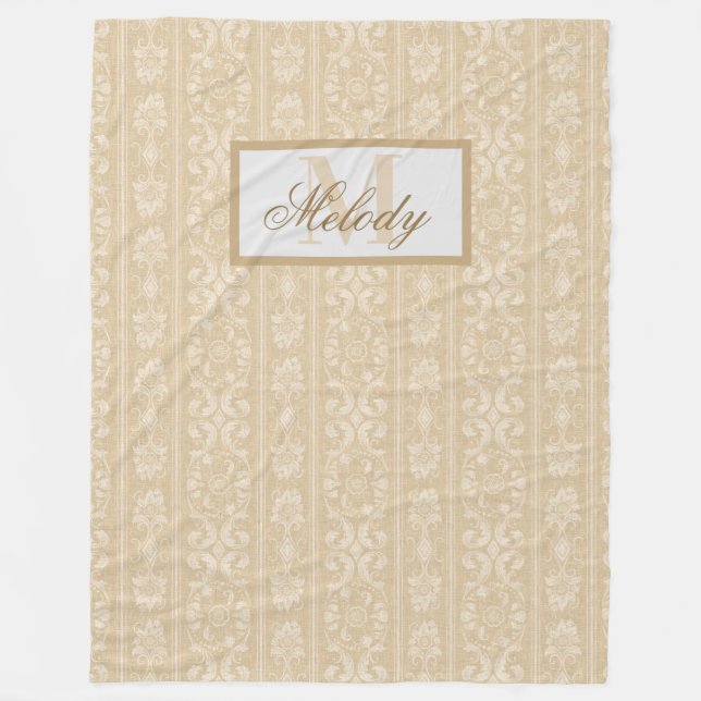 Modern Beige and Cream Blommigt Damask Monogrammed Fleecefilt (Framsidan)