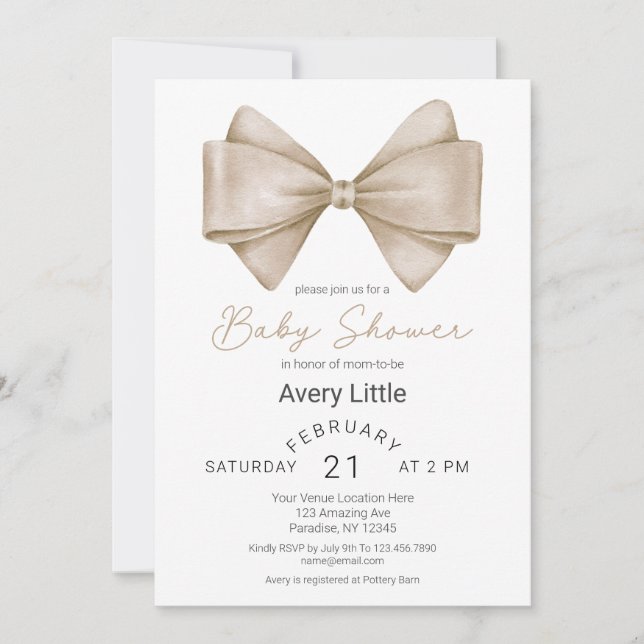 Modern Beige Bow Baby Shower Inbjudningar (Framsida)