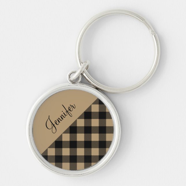 Modern Beige Buffalo Play Check Mönster Namn Rund Silverfärgad Nyckelring (Framsidan)