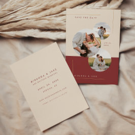 Modern Beige & Burgundy Bröllopsfoto i linje Spara Datumet