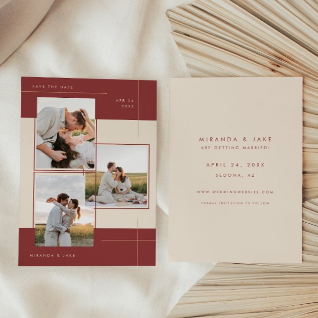 Modern Beige Burgundy Geometrisk Infogad 3 Foto Spara Datumet (Skapare uppladdad)