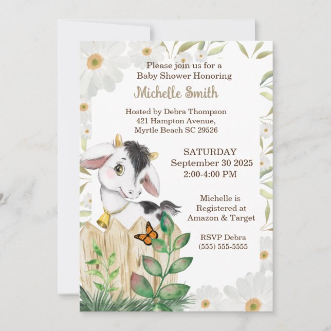 Modern Beige Cute Blommigt Farm Cow Baby Shower Inbjudningar (Framsida)