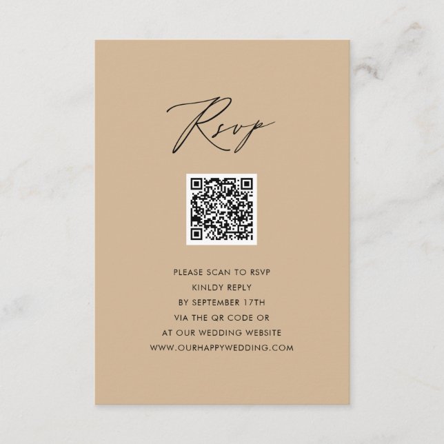 Modern Beige Elegant Script Simple QR-Bröllop OSA Tilläggskort (Framsida)