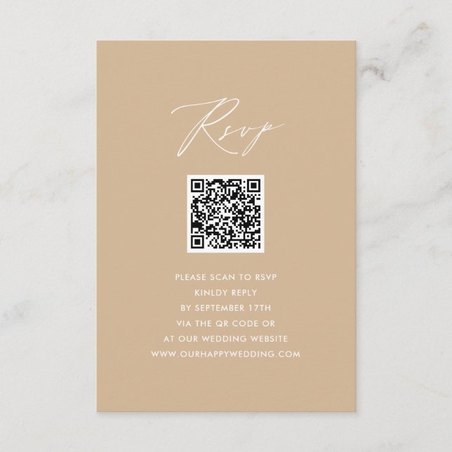 Modern Beige Elegant Script Simple QR-Bröllop OSA Tilläggskort (Framsida)
