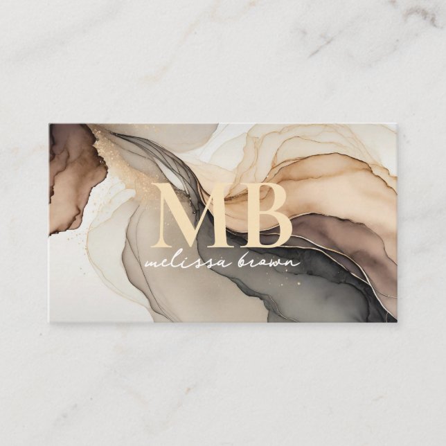 Modern Beige Elegant Watercolor Monogram Visitkort (Framsida)