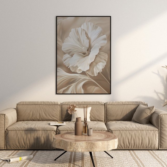 Modern Beige Flower Aesthetic Wall Art Poster (Modern Beige Flower Aesthetic Wall Art in a beautiful neutral beige boho luxe living room.)