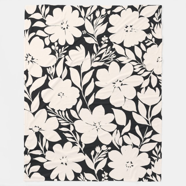 Modern Beige Flowers Black Botanical Fleecefilt (Framsidan)