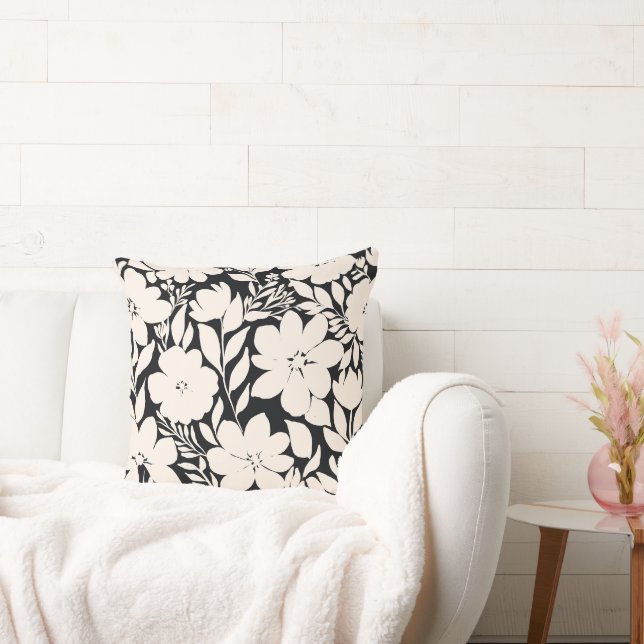 Modern Beige Flowers Black Botanical Kudde (Soffa)