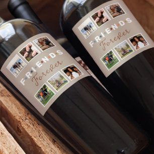 Modern Beige Friends Forever Photo Collage Vinflaska Etikett