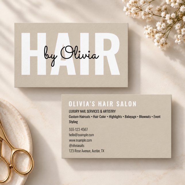 Modern Beige Frisörmanus Frisör Beige Visitkort (business cards hair stylist modern elegant minimalist beautician hairdresser professional boss salon)