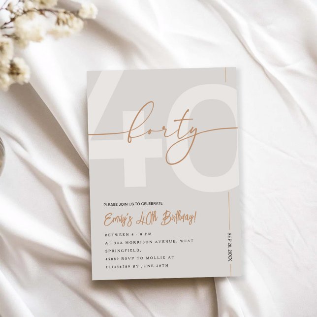 Modern Beige & Gold 40th Birthday Invitation Inbjudningar (Skapare uppladdad)