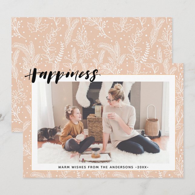 Modern Beige Gräs Bough Simple Script HAPPINESS Julkort (Fram/baksida)