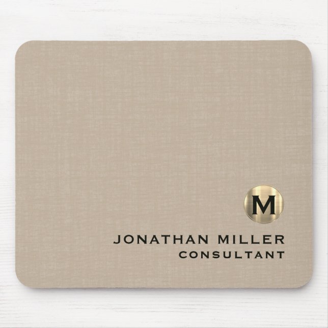 Modern Beige Linen Brushed Guld Monogram Musmatta (Framsidan)