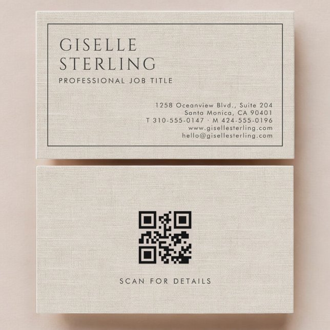 Modern beige linne QR-kod Lyxig professionell Visitkort (Skapare uppladdad)