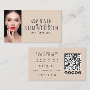 Modern Beige Nagelsalong QR-kod Foto Visitkort