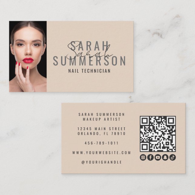 Modern Beige Nagelsalong QR-kod Foto Visitkort (Fram/baksida)
