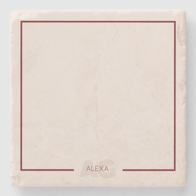 Modern Beige och Vin Monogram Stenunderlägg (Framsidan)