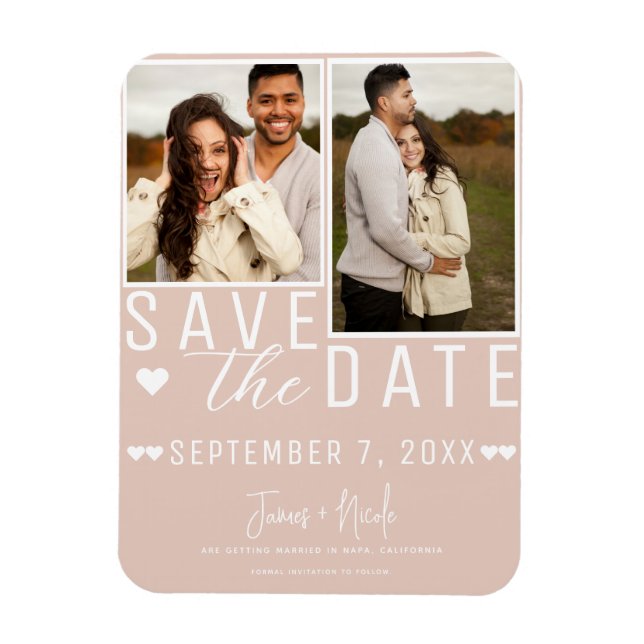 Modern Beige Rosa Save the Date  2 Foto Bröllop Magnet (Vertikal)