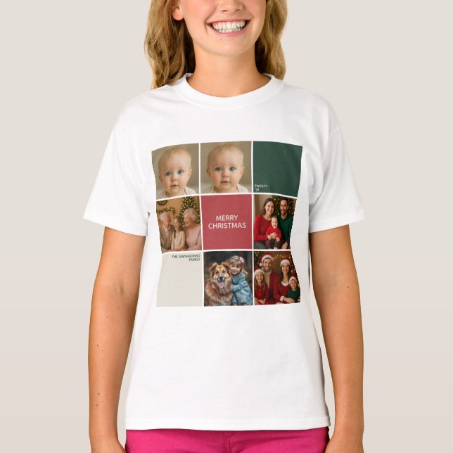 Modern beige Sage RED collage Christmas family T Shirt (Framsida)