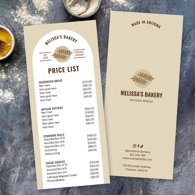 Modern Beige Sourdough Bread Bakery Pris List Reklamkort (Neutral beige food menu price list for bakery featuring modern arch design and bold typography)