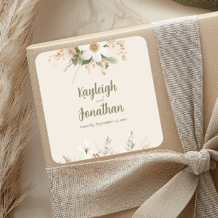 Modern Beige Watercolor Blommigt Bröllop Fyrkantigt Klistermärke